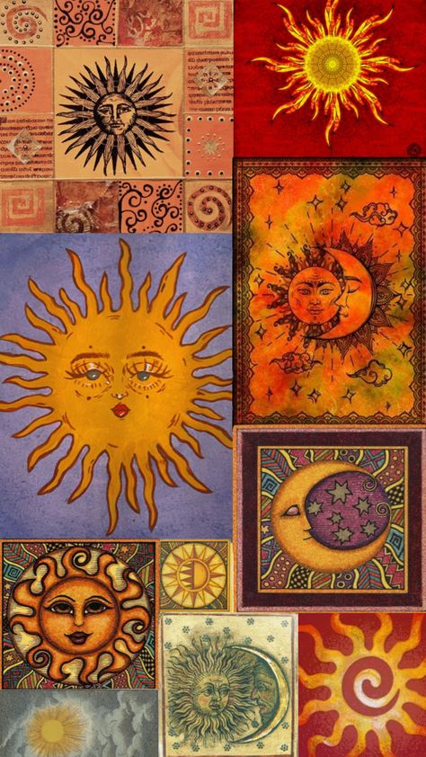 Sun Collage Wallpaper, Hippy Backgrounds, Wall Collage Retro, Boho Lockscreen, Sun And Moon Wallpaper, Hippie Sun, Arte Aries, Wallpaper Hippie, Hippie Wall Art