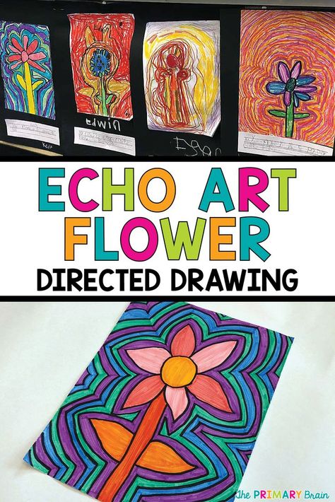 Flower Directed Drawing, Op Art Projects, Echo Art, Heart Art Projects, Spring Art Projects, Art Project For Kids, 2nd Grade Art, 3rd Grade Art, Directed Drawing