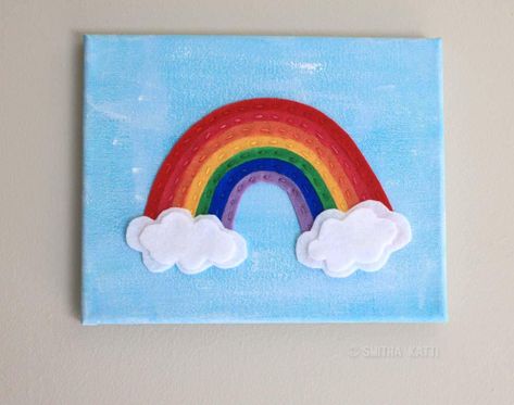 felt rainbow wall art Diy Nursery Wall, Diy Nursery Art, Felt Rainbow, Rainbow Bedroom, Wall Art Tutorial, Rainbow Canvas, Birthday Card Drawing, Painted Rainbow, Rainbow Painting