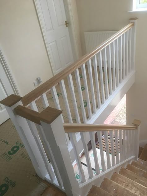 Landing Banister Ideas Upstairs, Stairs And Banister Ideas, Hall Banister Ideas, White And Oak Bannister, Oak Bannister White Spindles, Oak Bannister Makeover, Neutral Stairs And Landing, Stair Spindle Ideas Wood, White And Wood Banister