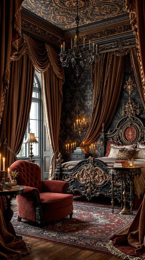 Gothic Bedroom Gothic Interior Design Bedroom, Gothic Mansion Interior Bedrooms, Fantasy Royal Bedroom, Gothic Mansion Interior, French Chateau Bedroom, Mansion Interior Bedroom, Royal Luxury Bedroom Design, Damask Bedroom, Heavy Drapes