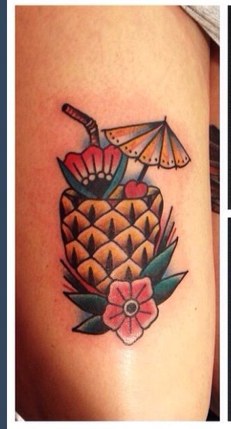 Pineapple Drink Tattoo, Pina Colada Tattoo, Drink Tattoo, Cocktail Tattoo, Tattoo Pretty, Pineapple Tattoo, Fruit Tattoo, Pineapple Cocktail, Tattoo Vintage