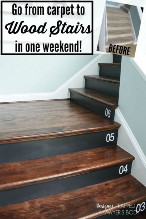 WOW, WOW, WOW! This DIY staircase makeover was accomplished in a weekend and looks like a professional job! Need to tackle your own staircase makeover? Come check out full details from Designer Trapped in a Lawyer's Body! Carpet To Wood Stairs, Removing Carpet From Stairs, Stairs Makeover Design, Diy Stairs Makeover, Diy Staircase Makeover, Stairs Makeover Ideas, Wood Stair Treads, Stairs Renovation, Stair Makeover