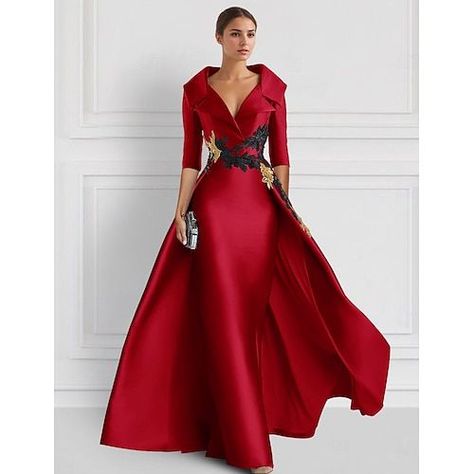 Silhouette:A-Line; Hemline / Train:Floor Length; Closure:Zipper UP; Built-In Bra:Yes; Embellishment:Appliques; Fabric:Satin; Sleeve Length:3/4 Length Sleeve; Tips:Colors may vary slightly due to different monitor settings,Professional dry cleaner only; Boning:No; Style:Elegant; Occasion:Formal; Neckline:Shirt Collar; Front page:Evening Gown; Listing Date:08/23/2024 1930s Womens Evening Wear, Halloween Formal Dress, Teal Gowns Elegant, Jewel Tone Mother Of The Bride Dresses, Inaugural Ball Gowns, Grooms Mom Dress Mothers, Trend Dresses 2024, High School Winter Formal Dresses, Vintage Haute Couture Gowns