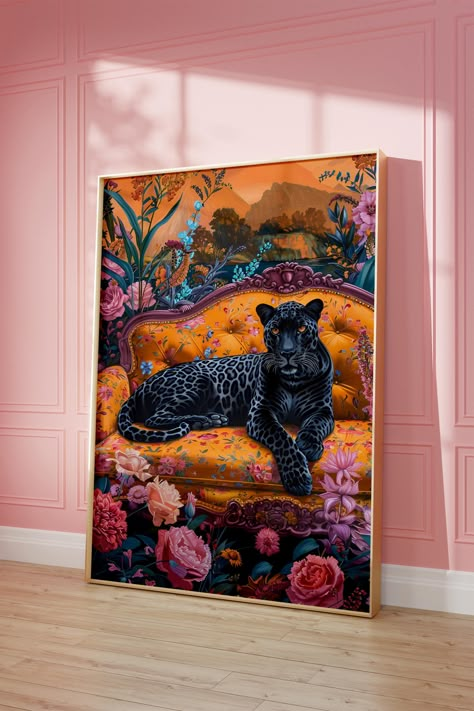 Boho Maximalist Decor, Panther Painting, Panther Wall Art, Maximalist Painting, Pink Maximalist, Maximalism Art, Maximalist Wall Decor, Wall Art Funky, Hollywood Regency Decor