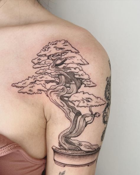 Bonsai tree
Bonsai tree tattoo 
Bonsai 
Arm tattoo Bonsie Trees Tattoo, Bonzi Trees Tattoo, Big Shoulder Tattoo, Shoulder Tree Tattoo, Big Tree Tattoo, Tree Tattoo On Shoulder, Bonsai Tattoo Design, Big Bonsai Tree, Tree Shoulder Tattoo