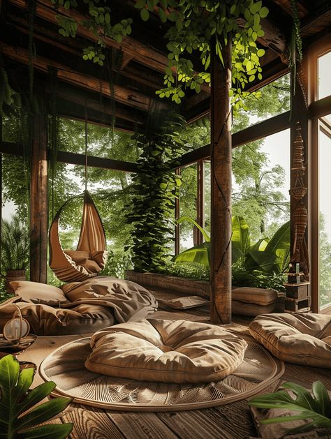 Boho Treehouses: Meditation Space with Floor Cushions and Lush Greenery Treehouse Living Room, Luxury Treehouse Interior, Cozy Zen Room, Boho Design Living Room, Boho Garden Room, Art Made With Nature, Tree Inside House Interiors, Cozy House Inspiration, Biophilic Room