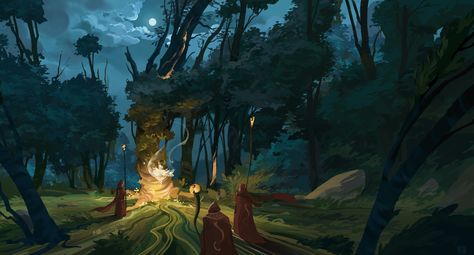 ArtStation - Fantasy Forest Night Night Environment Concept Art, Forest From Above Illustration, Night Forest Concept Art, Night Forest Illustration, Fantasy Backgrounds, Poster Game, Fantasy Scenery, Dnd Homebrew, Green Magic