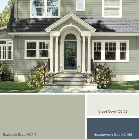 Sage Green House Exterior, Green House Color, Sage Green House, Green Exterior Paints, Green Exterior House Colors, Green House Exterior, Outside House Colors, Exterior Paint Schemes, Exterior Paint Ideas