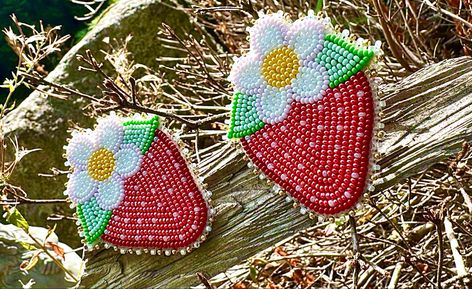 Strawberry, beaded earrings, native, indigenous Beaded Strawberry Earrings Native, Beaded Powwow Earrings, Strawberry Earrings Beaded, Strawberry Beading Pattern, Beaded Strawberry Pattern, Strawberry Beadwork, Strawberry Beaded Earrings, Beaded Strawberry Earrings, Métis Beading