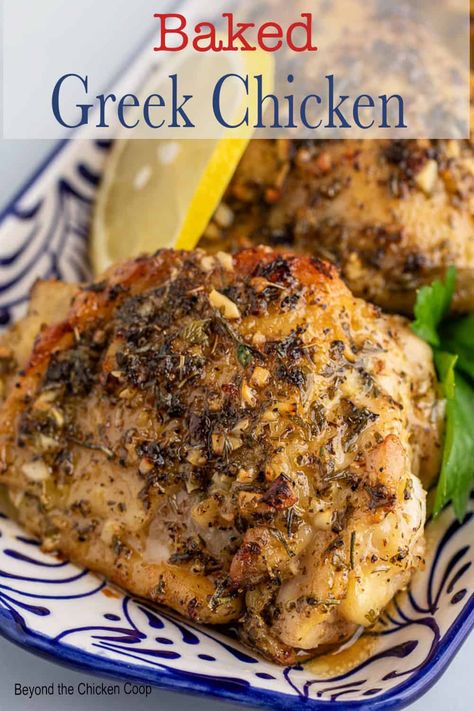 Baked Greek Chicken Greek Chicken Tray Bake Recipes, How To Make Greek Chicken, Greek Chicken Oven, Mediterranean Chicken Recipes Baked, Greek Chicken Thighs Boneless, Greek Chicken Dinner Recipes, Baked Greek Chicken Breast, Chicken Thigh Recipes Greek, Baked Greek Chicken Thighs