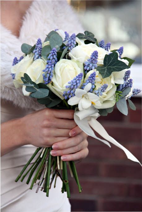 White Rose and Blue Muscari (Grape Hyacinth) Bouquet Hyacinth Wedding, Blue Muscari, Hyacinth Bouquet, Sea Glass Wedding, Floral Hair Accessories, Grape Hyacinth, Gladioli, Floral Accessories Hair, Blue Wedding Flowers