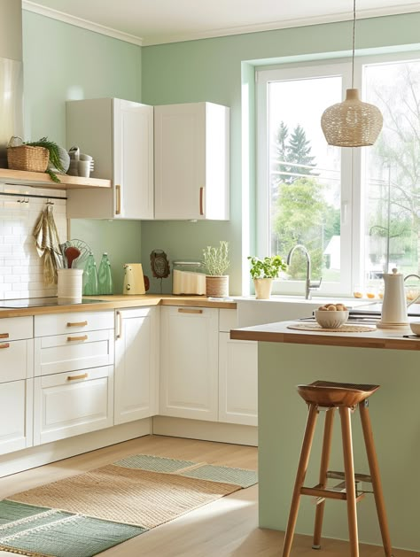 82 Kitchen Colors Ideas: Modern Palettes for Painting Cabinets and Walls! Light Green Kitchen Walls, Complimentary Colour Scheme, Modern Kitchen Colors, Sage Green Kitchen Walls, Green And Pink Decor, Kitchen Colors Ideas, Small Kitchen Colors, Wood Kitchen Decor, Cozy Kitchen Ideas