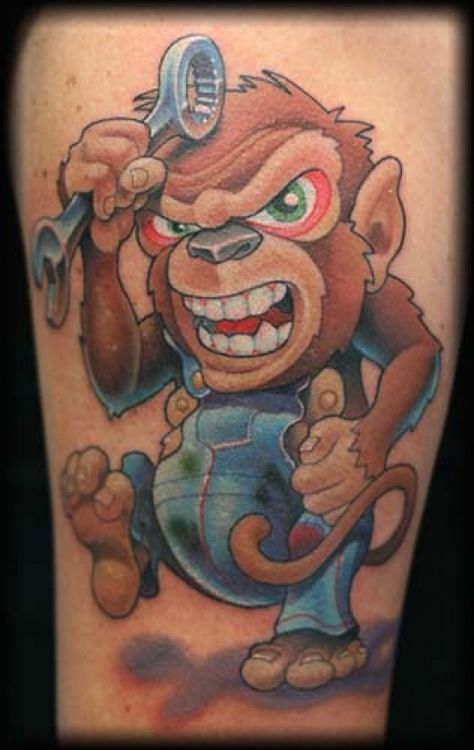 Monkey Tattoos and You Monkey Drawings, Gorilla Tattoos, Wrench Tattoo, Tattoo New School, Crazy Monkey, Monkey Tattoo, New School Tattoos, Mechanic Tattoo, Anker Tattoo