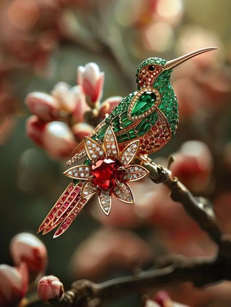 The image is a photograph of a gold and jeweled bird. The bird is perched on a branch and is surrounded by pink and white flowers ->> more details in ai-img-gen.com Golden Bird, Rubies And Diamonds, Pink And White Flowers, Bird Jewelry, Pink And White, White Flowers, Art Images, Birds, Diamonds