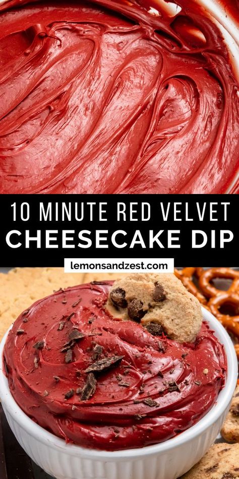 No Bake Cheesecake Dip, Red Velvet Dip, Red Food Party, No Bake Red Velvet, Blueberry Cheesecake Dip, Lemon Zest Recipes, Red Snacks, Red Desserts, Cookies And Cream Cheesecake