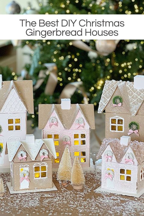 I had so much fun creating the best Christmas gingerbread houses and I love how they turned out. They were so easy and will last forever! I used premade paper mache cardboard houses, acrylic paint, puff paint, cellophane, small wreaths, pearls, glitter, and more glitter. I love the pink Christmas theme and now I just have to decide where I want to style these. Of course, I have about ten different ideas! Cardboard Gingerbread Village, Wooden House Advent Calendar, Mini Christmas Tree Diy, Gingerbread House Mug, Cardboard Gingerbread, Cardboard Gingerbread House, Rented Apartment, Ginger Bread House Diy, Christmas Gingerbread Houses