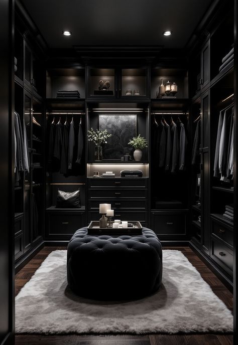 Walk in Closet Ideas Black Master Closet Walk In, All Black Walk In Closet, Dark Luxury Walk In Closet, Black And White Walk In Wardrobe, Luxury Black Closet, All Black House Interiors Bedroom, Black Luxury Closet, Closet Black Aesthetic, Black And Gold Walk In Closet