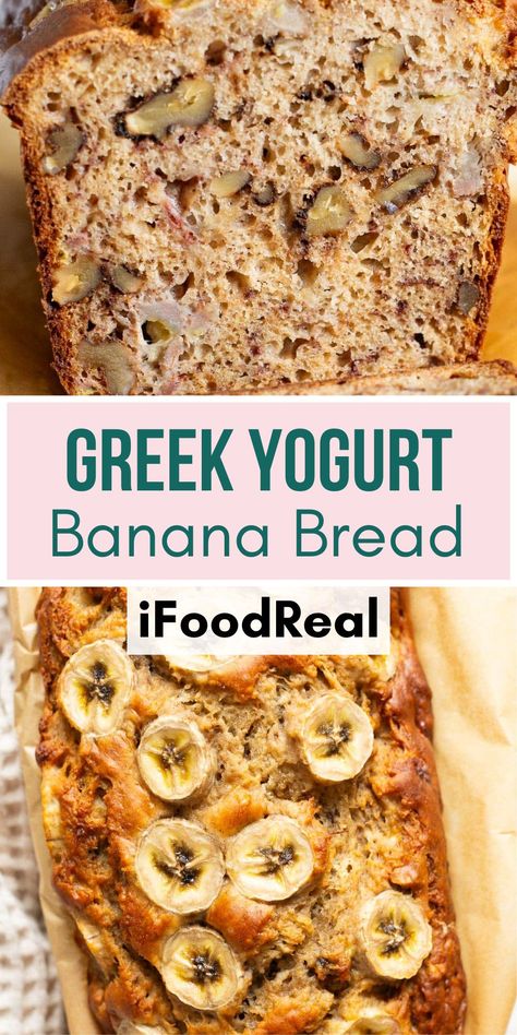 This moist Greek Yogurt Banana Bread has rich banana flavor, crunchy walnuts and melt in your mouth texture. It’s perfect for healthy breakfast or snack! Banana Bread Recipe Yogurt, Healthy Banana Bread Greek Yogurt, Banana Bread Recipe With Yogurt, Banana Bread With Yogurt, Banana Bread With Greek Yogurt, Banana Bread No Eggs, Bread With Greek Yogurt, Greek Yogurt Banana Bread, Yogurt Banana Bread