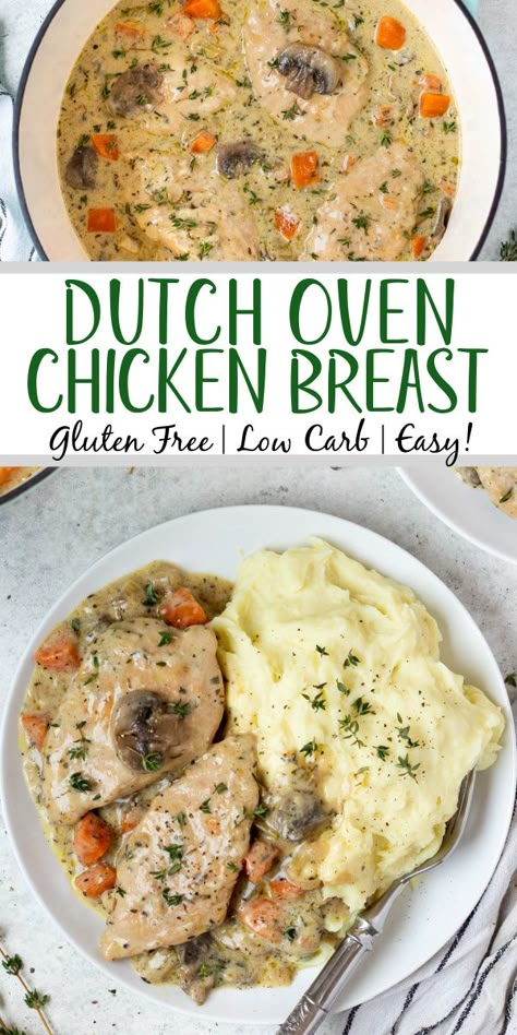 Making dutch oven chicken breast feels like an elevated dinner meal, but it's such an easy recipe to cook! It's a healthy dutch oven recipe that's also Whole30, low carb, gluten free and dairy free, and filled with vegetables like onions, celery and carrots, and the chicken breast is cooked in a creamy parsley and thyme sauce. It's a family friendly recipe that only uses one pot, and comes together in under an hour! #dutchoven #dutchovenchicken #chickenbreast #whole30dinner Oven Chicken Breast, Dutch Oven Chicken Breast, Dutch Oven Meals, Thyme Sauce, September Meals, Dutch Oven Recipes Cast Iron, Chicken Breast Oven, Dutch Oven Chicken, Oven Meals