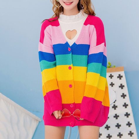 Kristina Webb, Kawaii Harajuku Fashion, Japanese Hoodie, Rainbow Outfit, Rainbow Fashion, Crochet Jacket, Korea Fashion, Japan Fashion, Harajuku Fashion