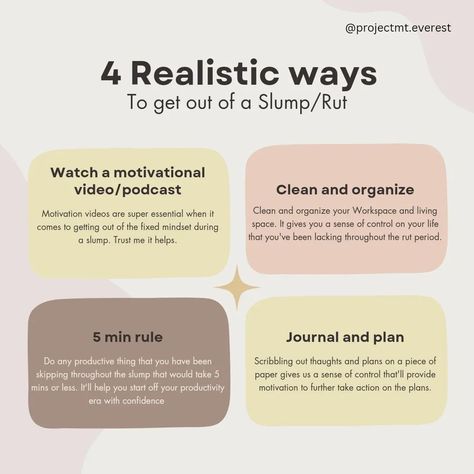 4 Realistic yet simple tips to get out of a Slump:- 1. Watching a motivational video or listening to an uplifting podcast gives us a dopamine boost that helps us crave deep work 2. A clean environment paves way for a clean head space as well. 3. Doing something productive kickstarts our happy hormones and helps us feel accomplished. 4. Journaling out thaughts helps us process them better and understanding our strengths and weaknesses. . . . #Motivation #Inspiration #tips #selfgrowthjourney Ways To Get Out Of A Slump, How To Get Out Of A Slump, Getting Out Of A Slump, Dopamine Boost, Study Lifestyle, Deep Work, Fixed Mindset, Goal Board, Happy Hormones