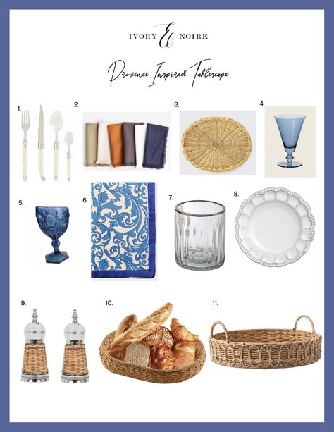 Provence Inspired Tablescape - French Themed Table Setting Ideas French Provincial Table Setting, Provence Table Setting, French Inspired Tablescape, Spanish Table Setting, Mediterranean Table Setting, French Tablescapes, French Tablescape, Dinner Setting Ideas, French Table Setting