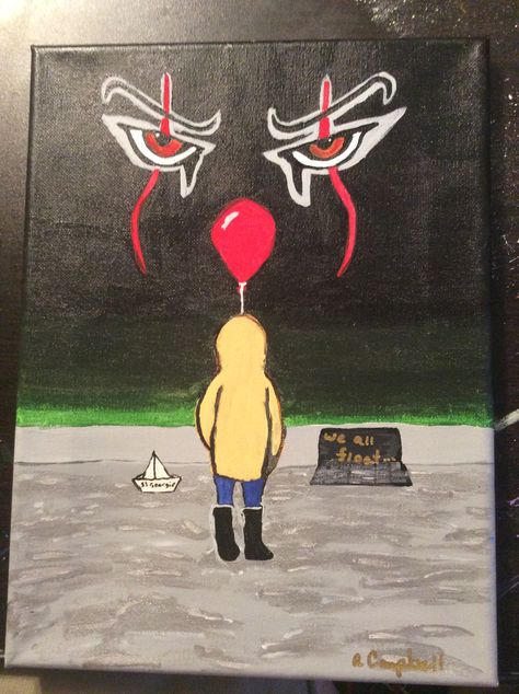 Acrylic canvas painting- “It” Georgie and his boat. Scary Movie Paintings Easy, It Canvas Painting, Horror Movie Painting Ideas, Heloween Ideas, Painting Ideas Horror Movies, Freddy Krueger Painting Easy, It Painting Stephen King, Pennywise Canvas Painting, Chucky Painting