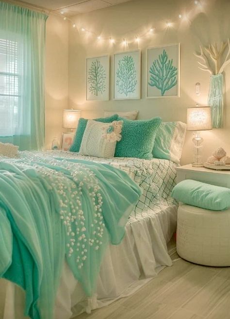 Aqua Dorm Room Ideas, Bedroom With Coral Accents, Interesting Room Ideas, Ocean Reef Aesthetic, Ocean Aesthetic Decorations, Sea Room Ideas Bedrooms, Teen Beach Room Ideas, Coral Room Ideas Bedrooms, Cute Things To Add To Your Room