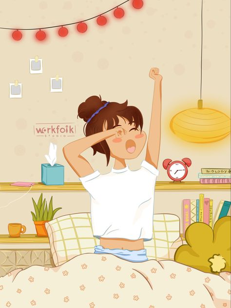 Sleeping girl waking up, kawaii, good morning Anime Wake Up Mornings, Anime Wake Up, Wake Up Pictures, Wake Up Cartoon, Waking Up Drawing, Good Morning Kawaii, Wake Up Illustration, Dreamer Illustration, Good Morning Illustration