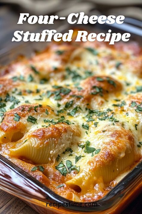 Indulge in four-cheese stuffed shells, a cheesy, comforting dish that’s perfect for pasta lovers! #StuffedShells #CheesyPasta Four Cheese Stuffed Shells, Crockpot Recipes Stuffed Shells, Chicken And Cheese Stuffed Shells, Sun Dried Tomato Stuffed Shells, Classic Stuffed Shells, Make Ahead Stuffed Shells, Lobster Stuffed Shells, Stuffed Large Shell Pasta Recipes, Stuffed Shells Without Ricotta