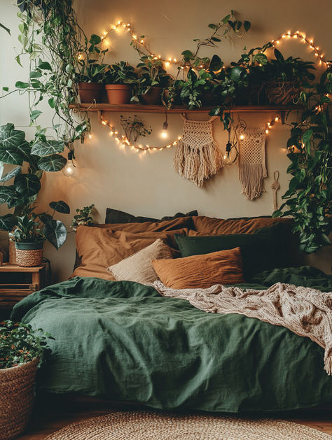 Transform your bedroom into a cozy haven with soft blankets, lush greenery, and warm fairy lights. This natural, boho-inspired design creates the perfect restful retreat. Time to refresh your home vibes with simple, calming touches! 🪴✨ #BedroomRefresh #CozyVibes #HomeDecor Nature Bedroom Aesthetic Cozy, Clean Earthy Bedroom Aesthetic, Cozy Astetic Bedrooms, Greenery Bedroom Aesthetic, Earthy Green Bedroom Ideas, Cozy Bedroom Fairy Lights, Fairy Lights Bedroom Ideas Simple, Cozy Bedroom Aesthetic Fairy Lights, Peaceful Bedroom Aesthetic