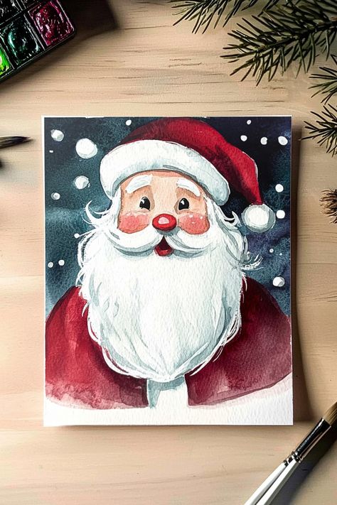 Hand-painted Christmas card featuring a cheerful Santa with a red hat and white beard. Christmas Drawing Painting, Drawing Related To Christmas, Christmas Theme Paintings, New Year Card Making Ideas For Kids, Christmas Theme Painting Ideas, Christmas Theme Drawings, Santa Clause Paintings, Santa Watercolor Christmas Art, Christmas Theme Painting