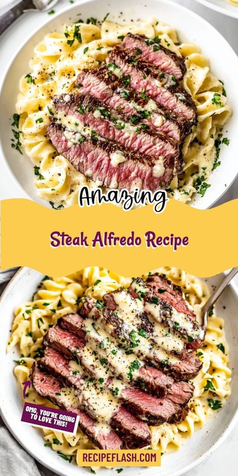 Craving a comforting side that complements your steak? Our Steak Alfredo Recipe combines tender pasta with a luscious, cheesy sauce that enhances your steak dinner experience. Don’t forget to save this recipe for your next dinner party and make your meal unforgettable! Creamy Steak, Steak Dinner Ideas, Steak Alfredo, Pasta With Alfredo Sauce, Steak Pasta, Creamy Pasta Dishes, Tender Steak, Easy Steak, Pasta Sides