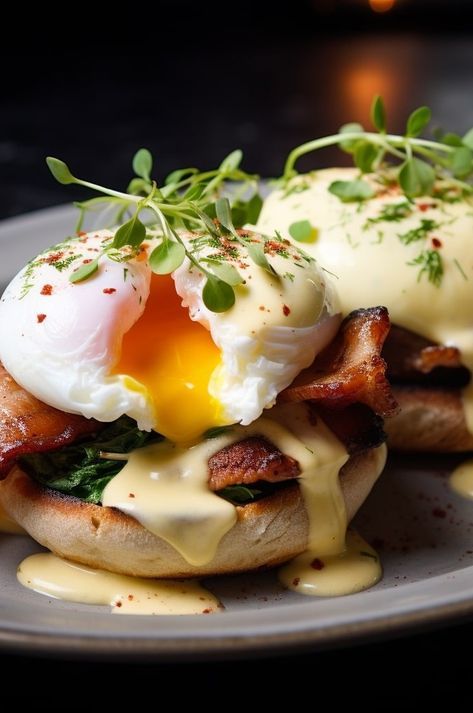 Pork Chop And Eggs, Pork Belly Benedict, Pork Belly Breakfast Recipes, Brunch Serving Ideas, Fine Dining Breakfast, Egg Benedict Recipe, Brunch Sandwiches, Benedict Recipe, Eggs Benedict Recipe