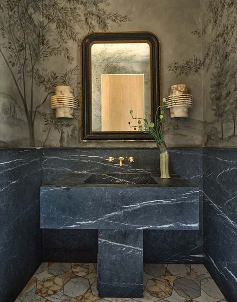 Dark Bathroom Aesthetic, William Hefner, House Manifestation, Leake Street, Guest Bathroom Design, Marble Tub, Dark Bathroom, Marble Fireplace Mantel, Jeremiah Brent