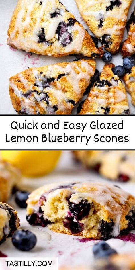 Soft, flaky, buttery, and filled with juicy blueberries, these Glazed Lemon Blueberry Scones are topped with sweet and tangy lemon glaze. Enjoy this refreshing twist of lemon and blueberry with this effortless recipe, perfect for beginners. Blueberry Scones Easy, Breakfast Oatmeal Muffins, Fresh Blueberry Recipes, Lemon Blueberry Scones, Blueberry Lemon Scones, Berry Scones, Blueberry Scones Recipe, Lemon And Blueberry, Mom Breakfast