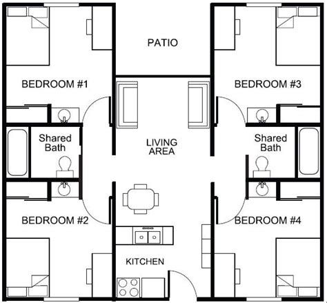 2 BHK Floor Plans Of 25*45 - Google Search # Dorm Planning, Student Accomodation, Dorm Layout, School Floor Plan, Four Bedroom House Plans, Student Hostel, School Floor, Hostels Design, Dormitory Room