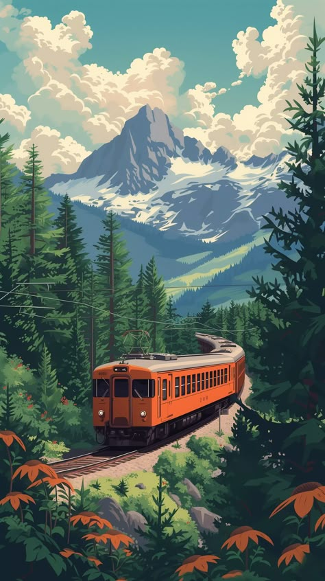 💫🎨Travel Wall Art with Midjourney Prompts - Go to the Link in my Bio🔗🔍 Travel Aesthetic Illustration, Train Poster Design, Adventure Concept Art, Train Travel Aesthetic, Outdoor Wallpaper, Train Landscape, Train Wallpaper, Lush Green Forest, Train Illustration