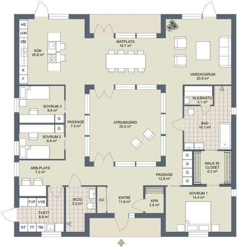 Atrium Atriums In Houses, Atrium Architecture, Plan Of A House, Barndo Plans, Atrium House, Atrium Design, Indoor Courtyard, Bungalow Floor Plans, Design Floor Plans