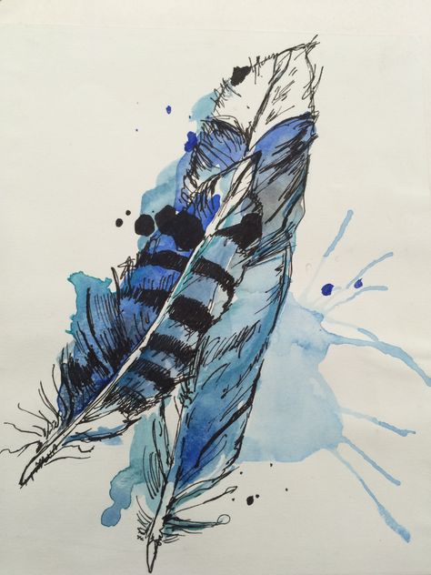 Watercolour and fine liner feathers in the style of Abby Diamond Abby Diamond Artist Research Page, Reference Photos Watercolor, Sea Animal Drawings, Abby Diamond, Feathers Watercolor, Color Art Lessons, Fineliner Art, Watercolor Art Journal, Gcse Art Sketchbook