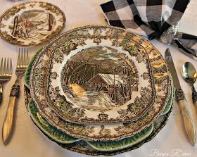 Tea Tablescapes, Friendly Village Dishes, Tablescapes Thanksgiving, Johnson Bros Friendly Village, Dining Tablescapes, Johnson Brothers Friendly Village, Farmhouse In The Country, Rose Bowl Parade, Tea Party Activities