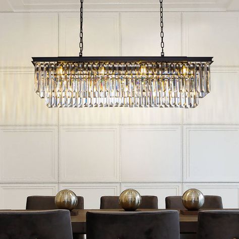 Everly Quinn Cleaven 12-Light Modern Fringe Crystal Chandelier For Dining Room | Wayfair Dining Room Crystal Chandelier, Rectangle Dining Room, Crystal Chandelier Dining Room, Glam Chandelier, Kitchen Island Pendant Lighting, Contemporary Crystal Chandelier, Island Pendant Lighting, Chandelier For Dining Room, Rectangular Chandelier