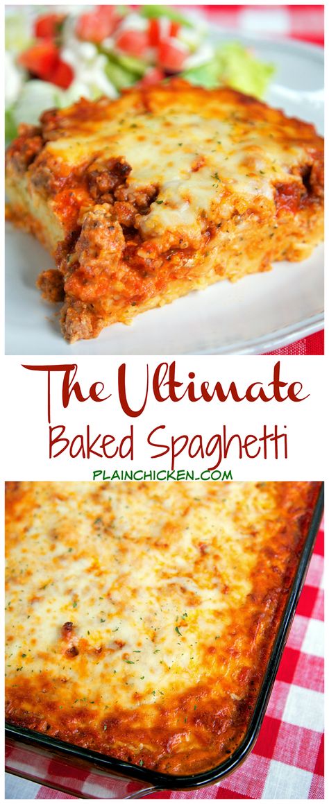 The Ultimate Baked Spaghetti - cheesy spaghetti topped with Italian seasoned cream cheese, meat sauce and mozzarella cheese - SOOOO good! Makes a great freezer meal too! We ate this two days in a row! Ultimate Baked Spaghetti, Cheesy Spaghetti, Baked Spaghetti Recipe, Spaghetti Casserole, Plain Chicken, Baked Spaghetti, Freezer Meal, Minced Meat, Spaghetti Recipes