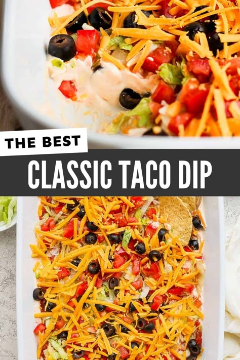 Whip up this easy taco dip in no time! It's a flavor-packed, easy-to-make dip that's perfect for parties and celebrations. With a creamy base of cream cheese, sour cream, and taco seasoning, plus all your favorite taco toppings, it's a quick and easy appetizer everyone will love. Taco Salad Dip, Best Taco Dip Recipe, Easy Taco Dip, Cream Cheese Taco Dip, Taco Fixings, Mexican Dip Recipes, Taco Dip Easy, Taco Dip Recipe, Taco Toppings