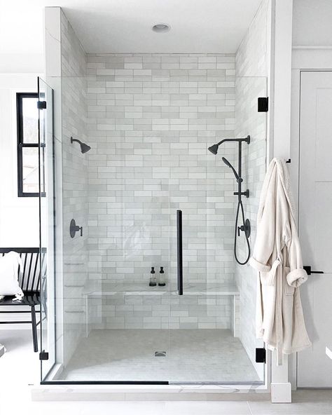 Bedrosians Tile and Stone on Instagram: “The ultimate walk in shower designed by @our_sweet_haven featuring Cloe 2.5”x8” in White!” Dual Shower Heads Master Baths, Master Bath Shower, Walk In Shower Designs, Farmhouse Shower, Master Shower, Primary Bathroom, Primary Bath, Bathroom Remodel Shower, Master Bath Remodel