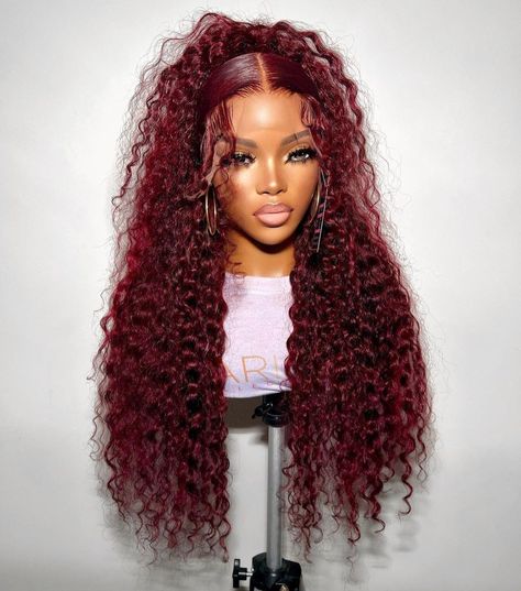 Custom Color Wigs, Burgundy Deep Wave, Weave Ponytail Hairstyles, Birthday Hairstyles, Birthday Hair, Pretty Braided Hairstyles, Dope Hairstyles, Hair Collection, Front Lace Wigs Human Hair