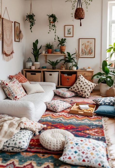 Boho Playroom Ideas Floor Lounge Area Cozy, Playroom Floor Cushions, Floor Seating Living Room Small Spaces, Pillow Corner Floor, Floor Seating Ideas Small Spaces, Boho Game Room, Kids Lounge Room Ideas, Floor Sitting Ideas, Floor Sitting Living Room