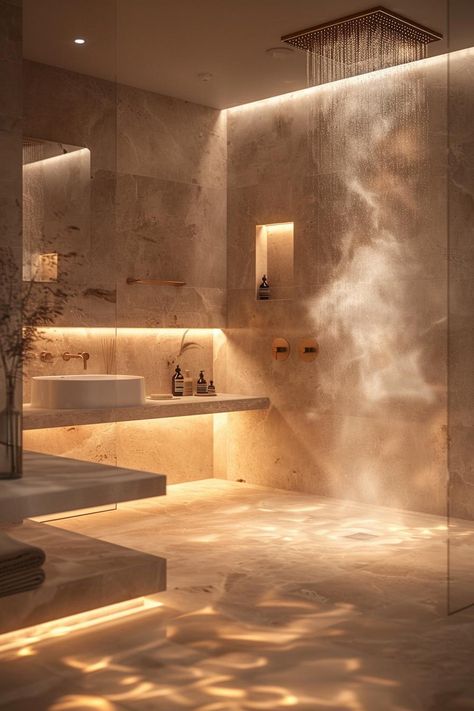 19 Stunning Modern Bathroom Designs For Your Home Her Bathroom Ideas, Powder Room With Shower Ideas, Bathroom Aesthetic Luxury, Luxurious Bathroom Decor Ideas, Marble Bedroom Ideas, Dream Bathrooms Luxury Modern, Relaxing Bathroom Ideas, Bathroom Light Ideas, Luxury Bathroom Lighting