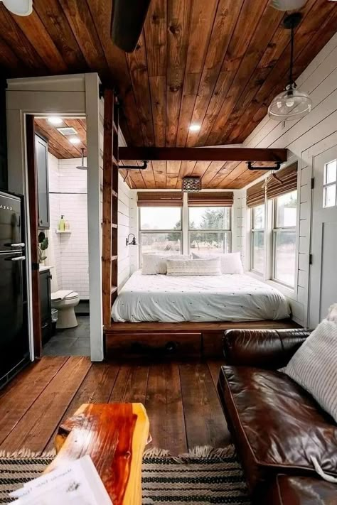 Shed House Interior, Mobile Home Bathroom Remodel, Small Barn House, Rustic Tiny House, Mobile Home Bathroom, Houses On Wheels, Prefab Home, Shed Home, Shed To Tiny House